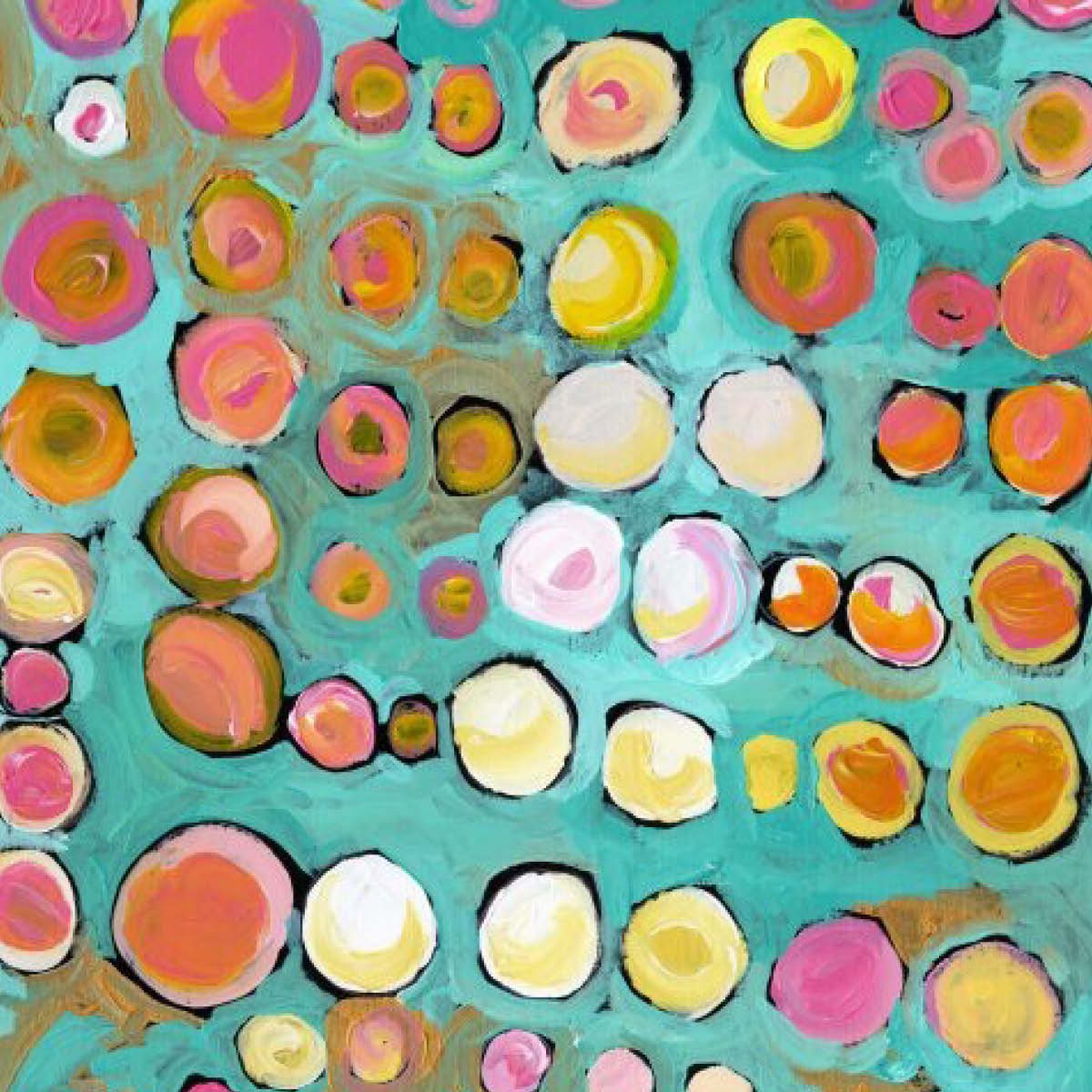 Painted circles in pink, gold and cream on teal
