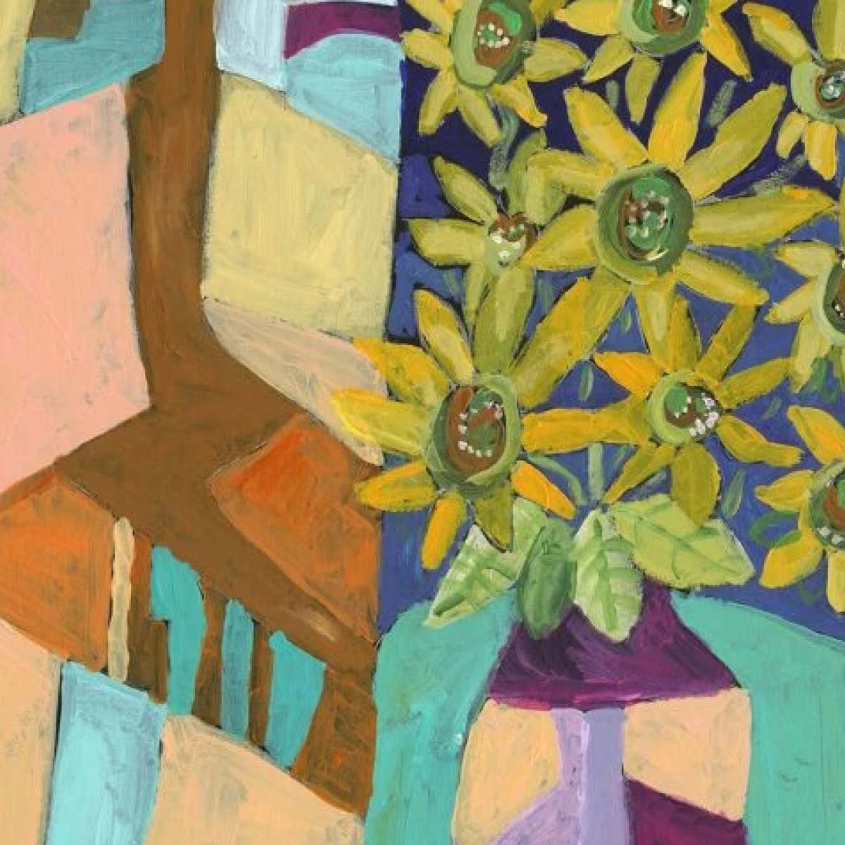 Painted sunflowers in a bright interior scene