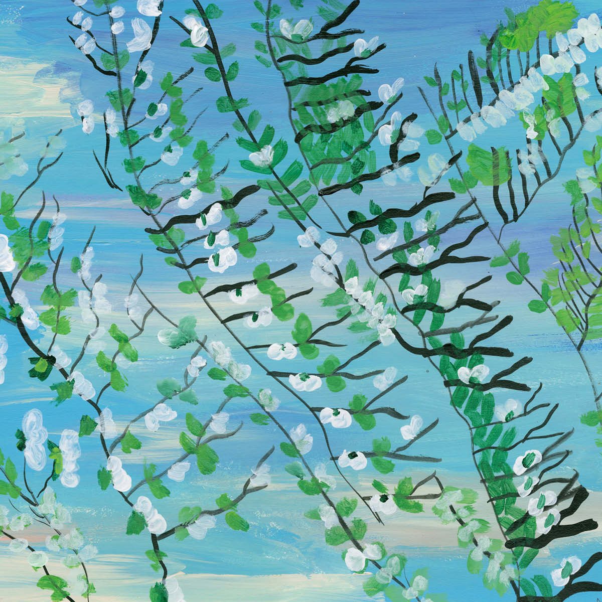 Painted blossoming branches against a blue sky