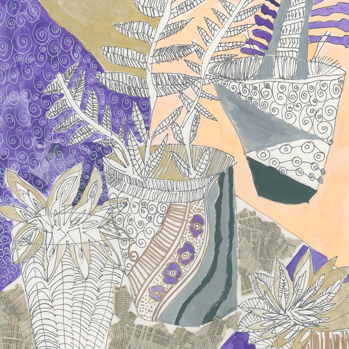 Painted ferns and patterned vases in purple and peach